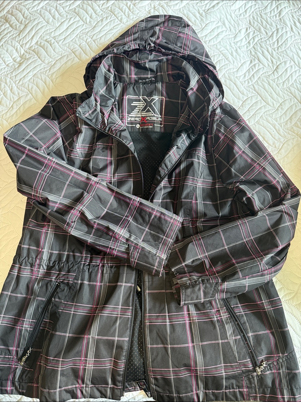 Black/Pink Plaid Hooded Rain Jacket XL